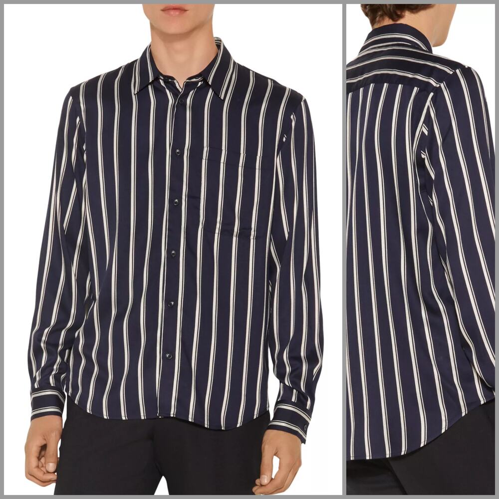 Sandro Paris Flow Striped Shirt button up Navy striped viscose Size XL